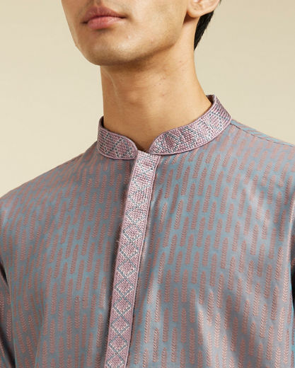 Diwas Men Concrete Grey Kurta with Fern Motifs and Embroidered Placket
