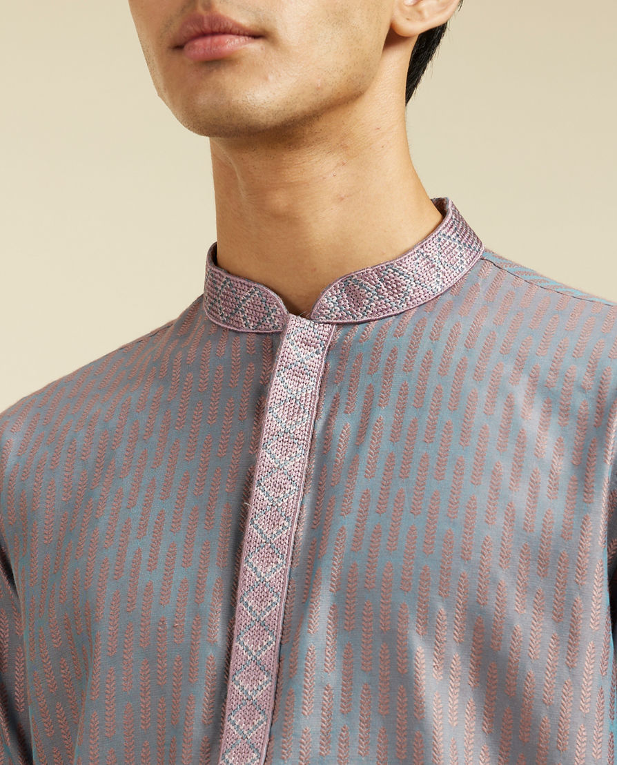 Diwas Men Concrete Grey Kurta with Fern Motifs and Embroidered Placket