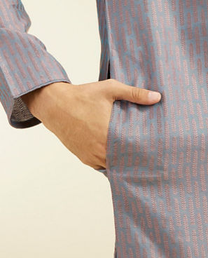 Diwas Men Concrete Grey Kurta with Fern Motifs and Embroidered Placket