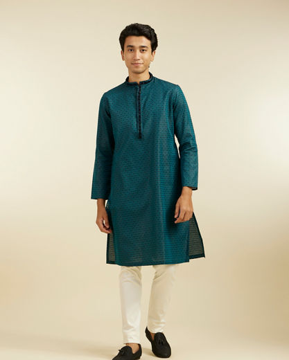 Diwas Men Teal Green Floral Buta Patterned Kurta with Sequinned Neckline
