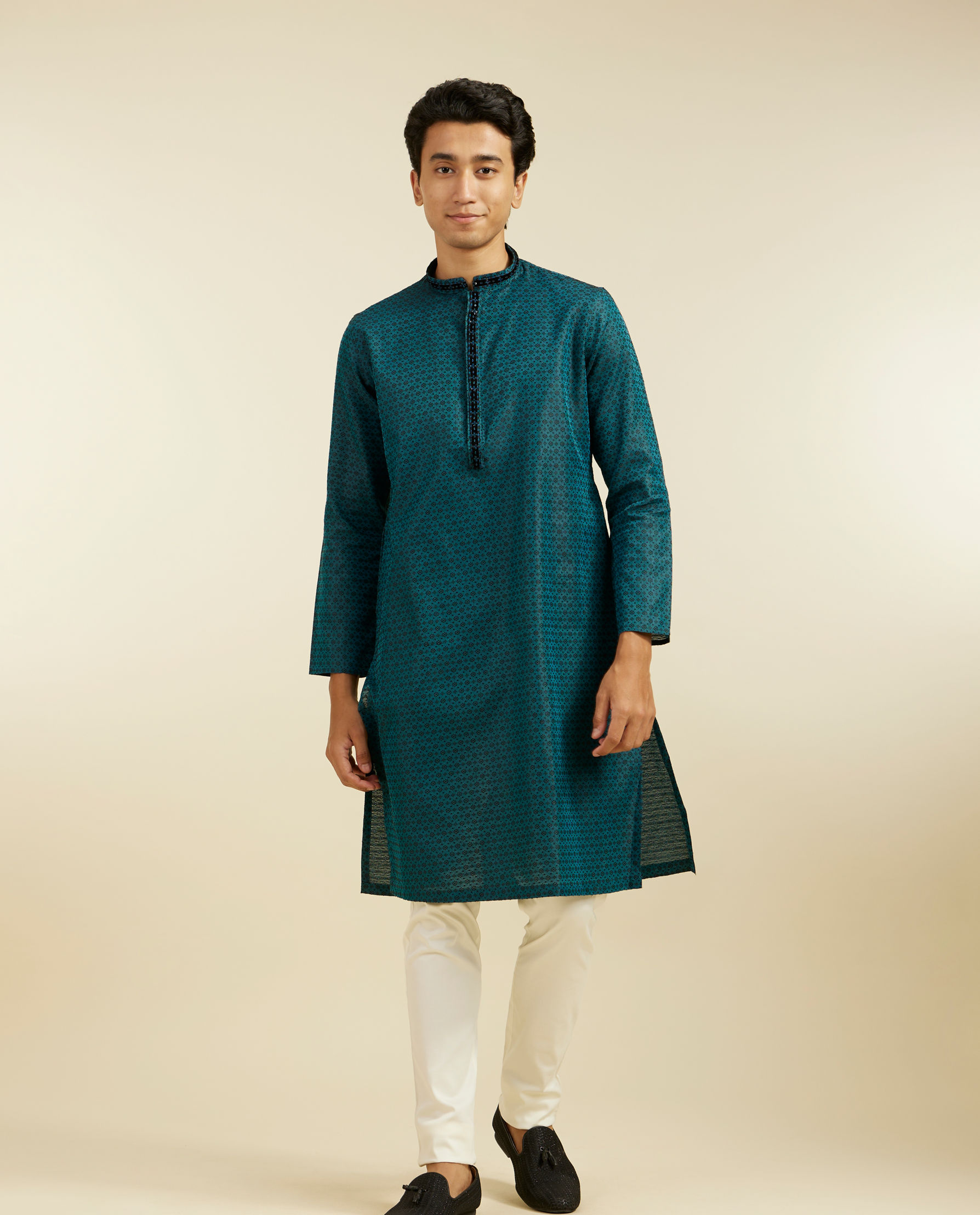 Diwas Men Teal Green Floral Buta Patterned Kurta with Sequinned Neckline