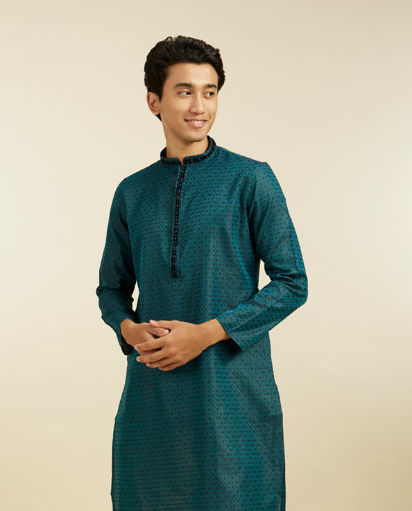 Diwas Men Teal Green Floral Buta Patterned Kurta with Sequinned Neckline