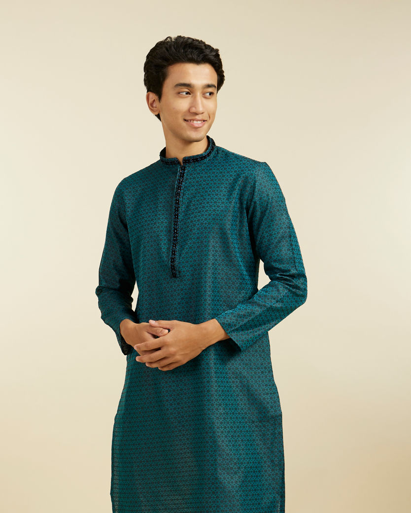 Diwas Men Teal Green Floral Buta Patterned Kurta with Sequinned Neckline