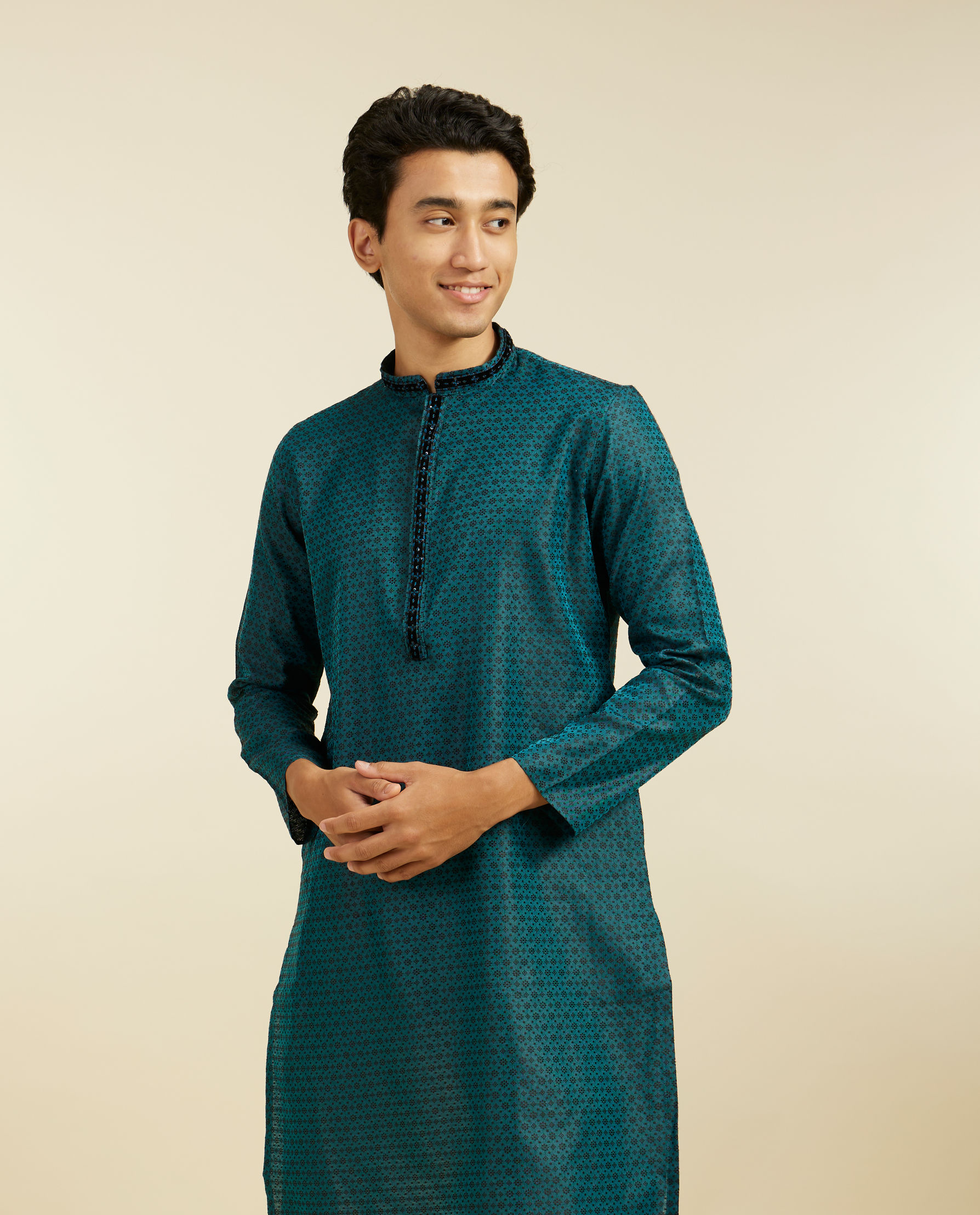 Diwas Men Teal Green Floral Buta Patterned Kurta with Sequinned Neckline