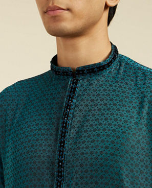 Diwas Men Teal Green Floral Buta Patterned Kurta with Sequinned Neckline