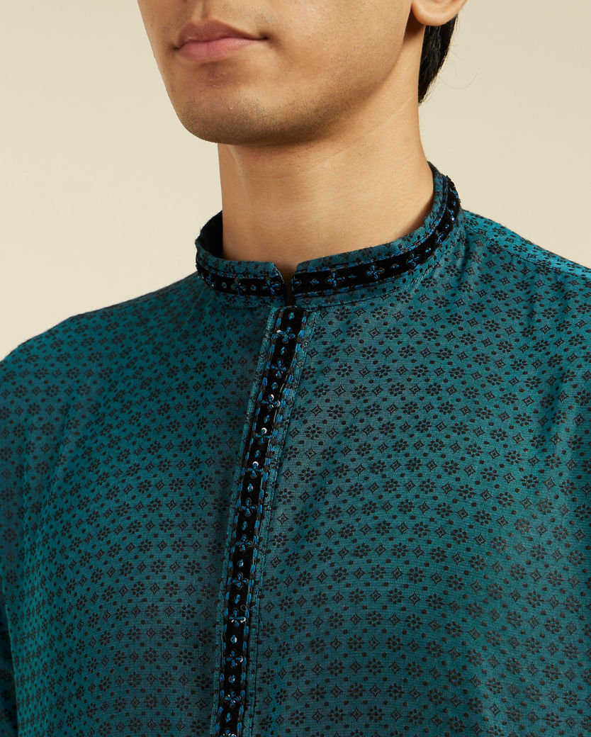Diwas Men Teal Green Floral Buta Patterned Kurta with Sequinned Neckline