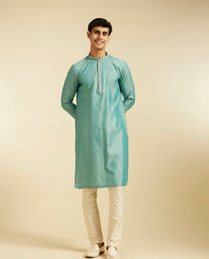 Diwas Men Aqua Green Buta Patterned Kurta with Striped Neckline