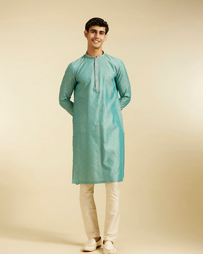 Diwas Men Aqua Green Buta Patterned Kurta with Striped Neckline