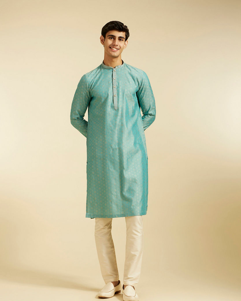 Diwas Men Aqua Green Buta Patterned Kurta with Striped Neckline