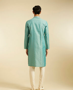Diwas Men Aqua Green Buta Patterned Kurta with Striped Neckline