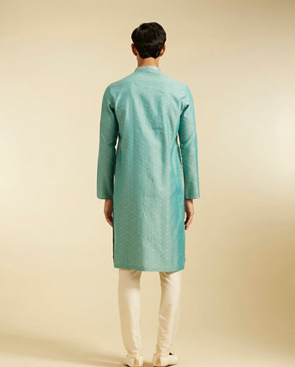 Diwas Men Aqua Green Buta Patterned Kurta with Striped Neckline