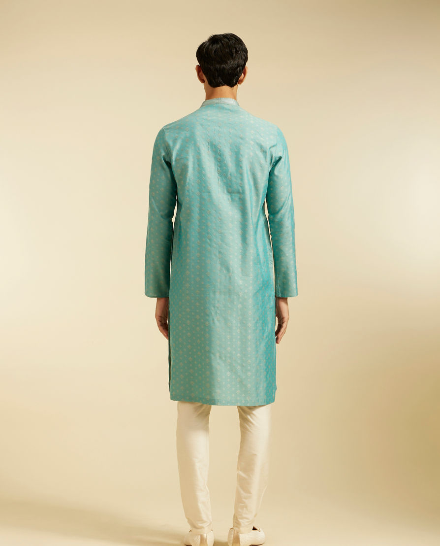 Diwas Men Aqua Green Buta Patterned Kurta with Striped Neckline
