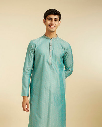 Diwas Men Aqua Green Buta Patterned Kurta with Striped Neckline