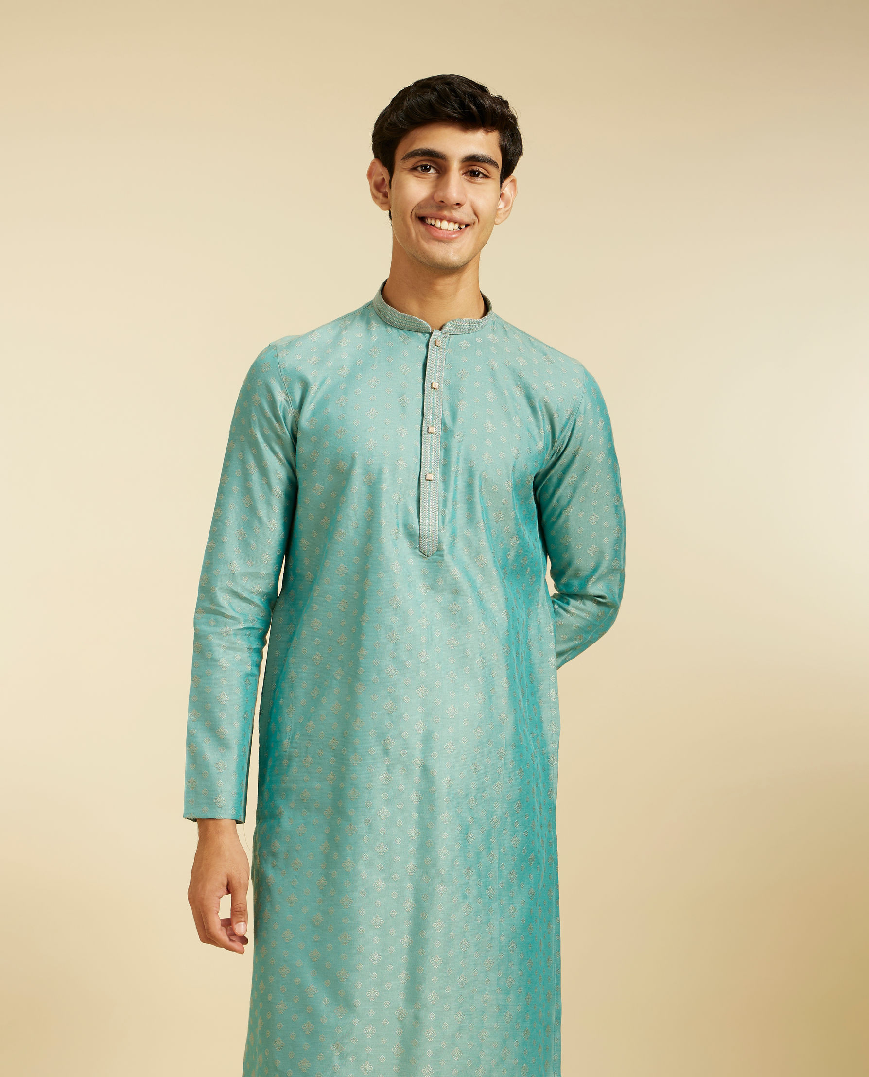 Diwas Men Aqua Green Buta Patterned Kurta with Striped Neckline