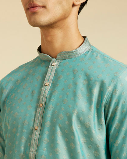 Diwas Men Aqua Green Buta Patterned Kurta with Striped Neckline