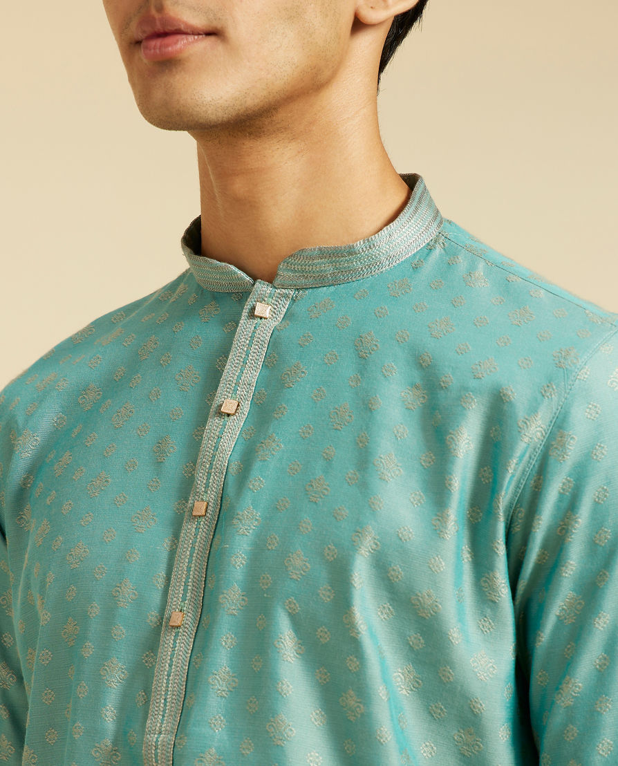Diwas Men Aqua Green Buta Patterned Kurta with Striped Neckline