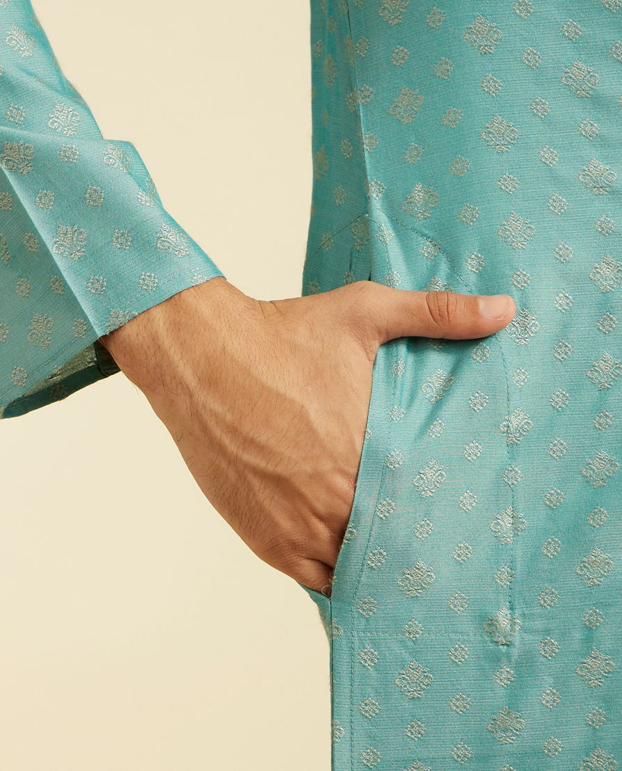 Diwas Men Aqua Green Buta Patterned Kurta with Striped Neckline