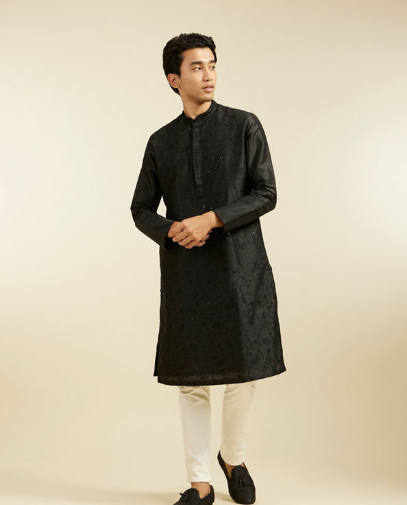 Diwas Men Midnight Black Bel Embroidered Kurta with Sequin Work