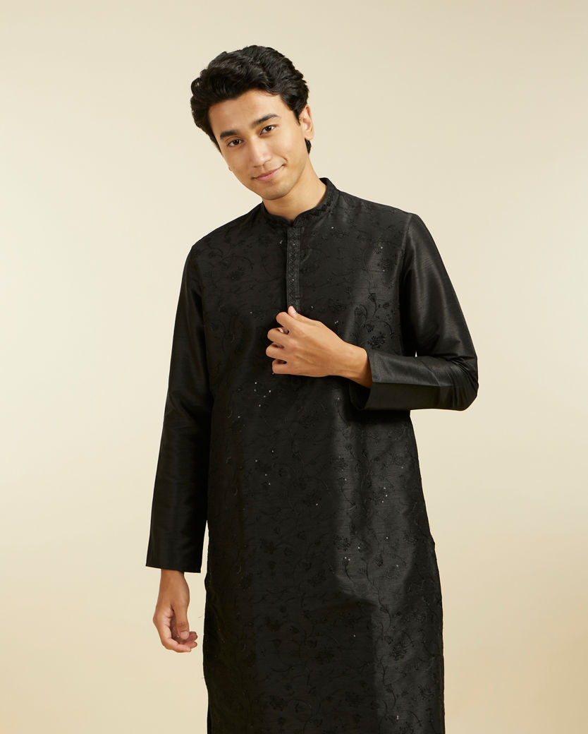 Diwas Men Midnight Black Bel Embroidered Kurta with Sequin Work