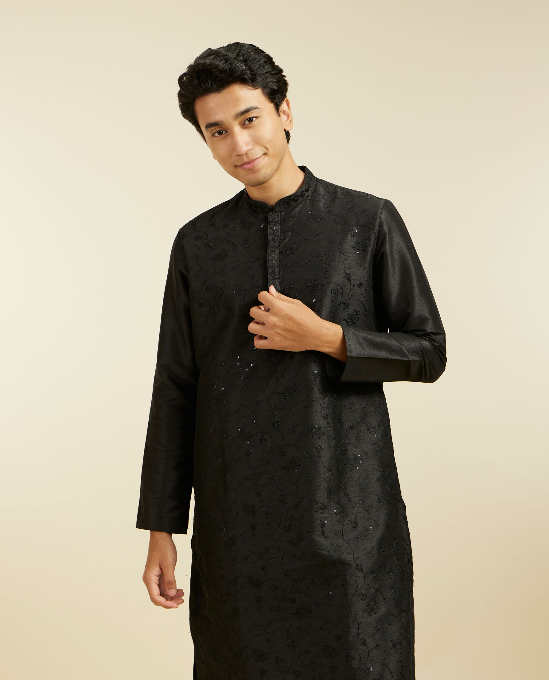 alt message - Diwas Men Midnight Black Bel Kurta with Sequin Work image number 0