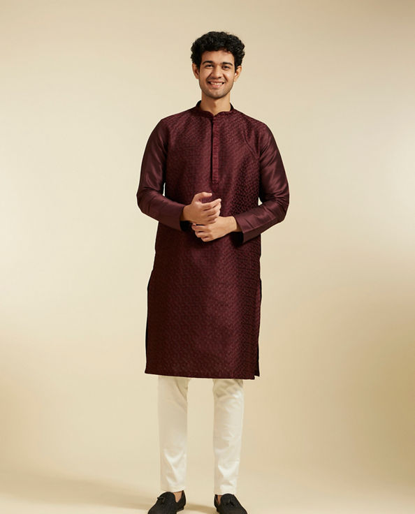 Diwas Men Wine Red Self Textured Kurta