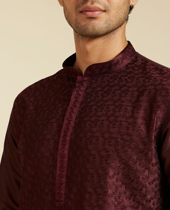 Diwas Men Wine Red Self Textured Kurta