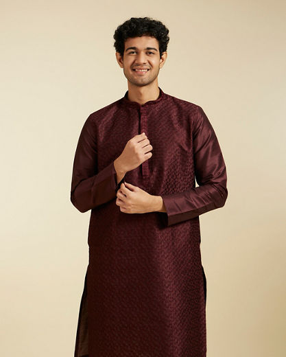 Diwas Men Wine Red Self Textured Kurta