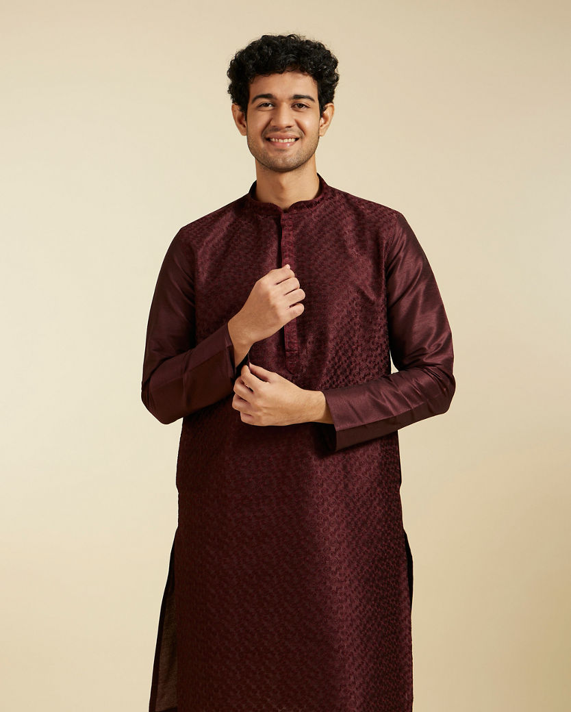 Diwas Men Wine Red Self Textured Kurta