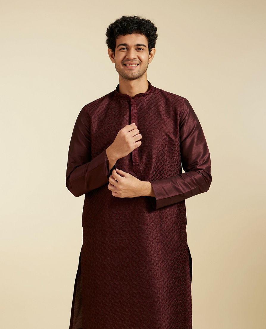 Diwas Men Wine Red Self Textured Kurta