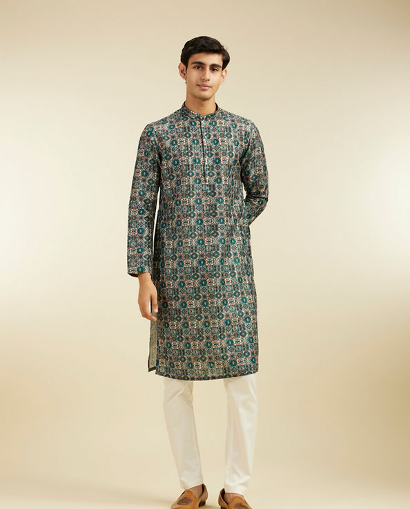 Diwas Men Bottle Green Aztec Printed Kurta