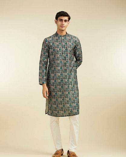 Diwas Men Bottle Green Aztec Printed Kurta