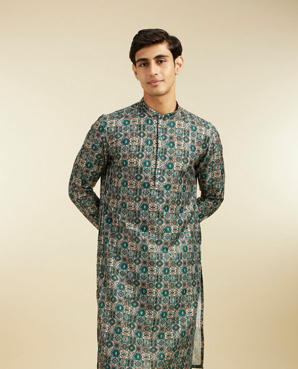 Diwas Men Bottle Green Aztec Printed Kurta