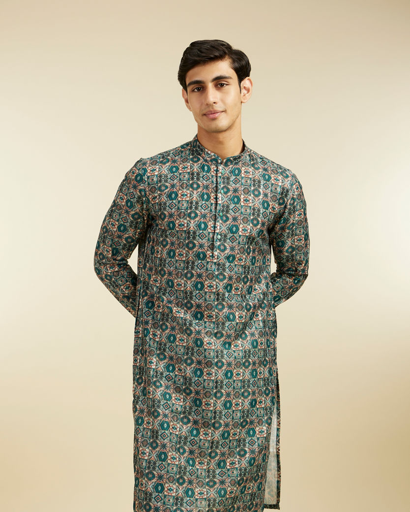 Diwas Men Bottle Green Aztec Printed Kurta