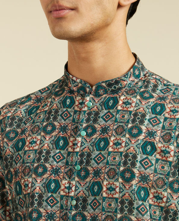 Diwas Men Bottle Green Aztec Printed Kurta