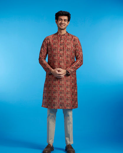 Diwas Men Rust Red Aztec Printed Kurta