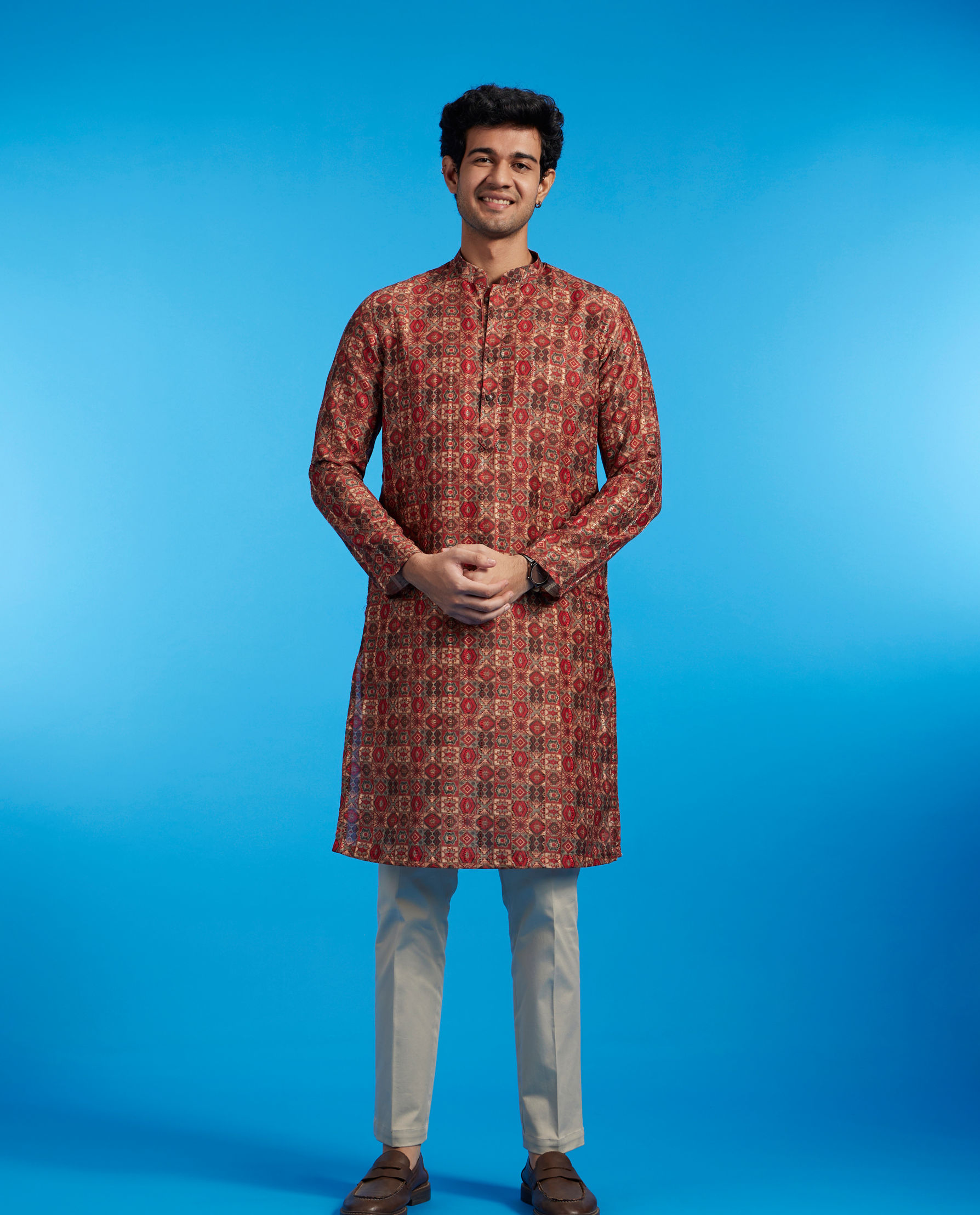 Diwas Men Rust Red Aztec Printed Kurta