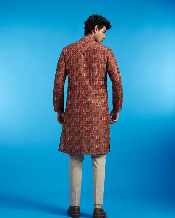 Diwas Men Rust Red Aztec Printed Kurta