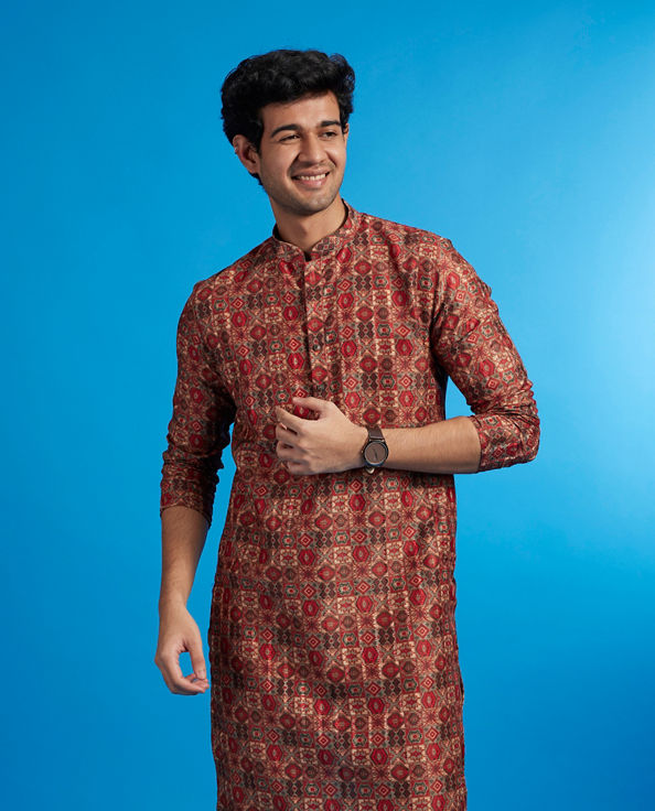 Diwas Men Rust Red Aztec Printed Kurta