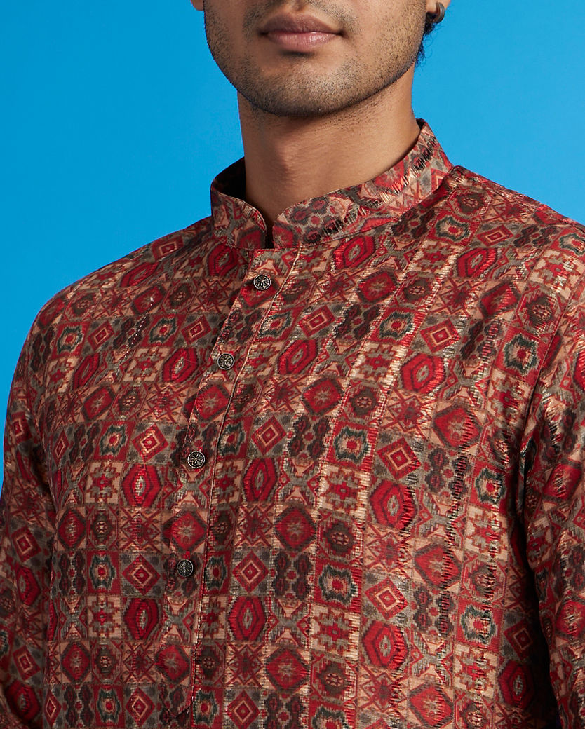 Diwas Men Rust Red Aztec Printed Kurta