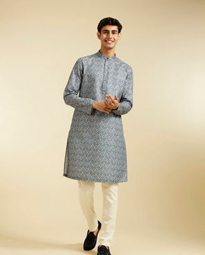 Diwas Men Oxford Blue Diamond Printed Kurta