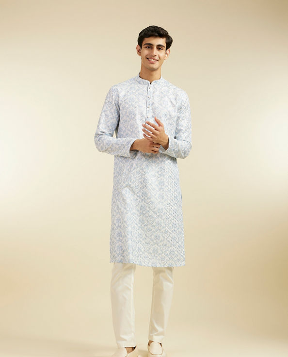 Diwas Men Ice Blue Jaal Medallion Patterned Kurta