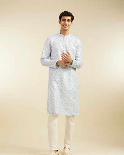 Diwas Men Ice Blue Jaal Medallion Patterned Kurta