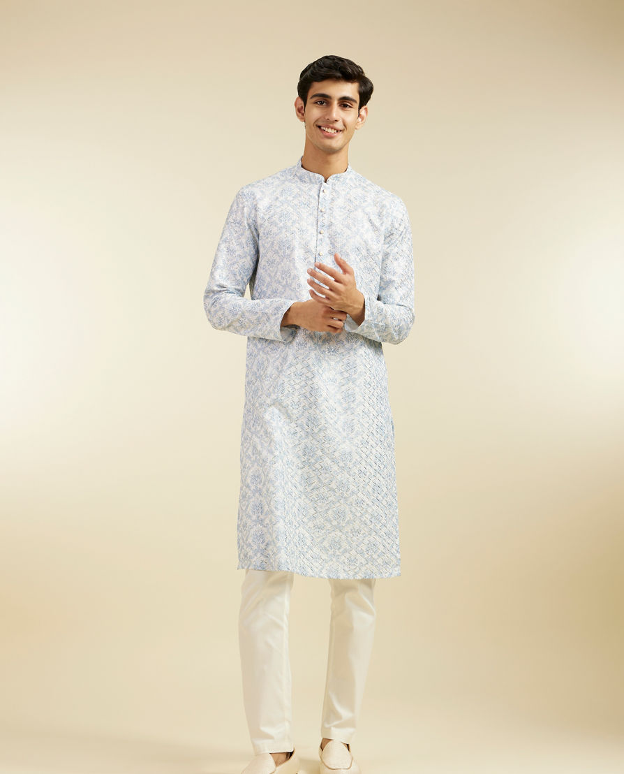 Diwas Men Ice Blue Jaal Medallion Patterned Kurta