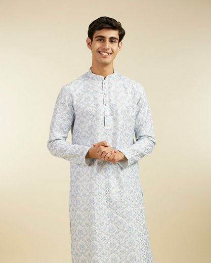 Diwas Men Ice Blue Jaal Medallion Patterned Kurta