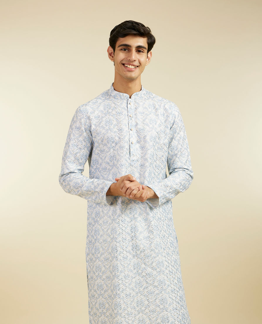 Diwas Men Ice Blue Jaal Medallion Patterned Kurta