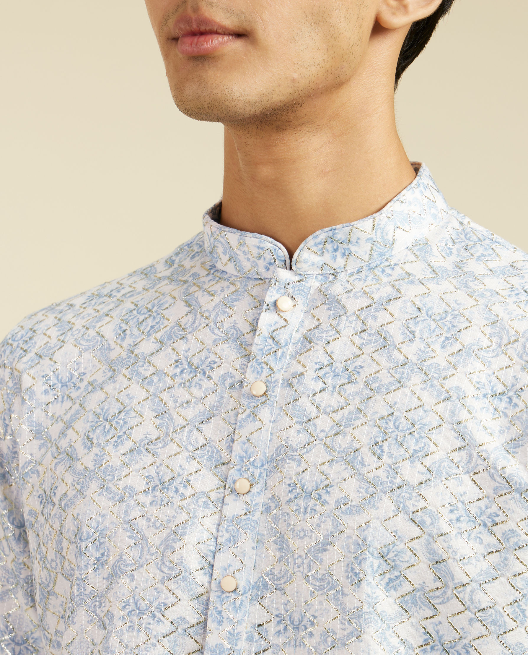 Diwas Men Ice Blue Jaal Medallion Patterned Kurta