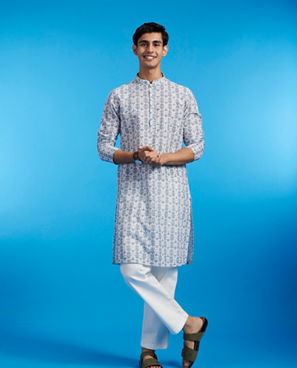 Diwas Men White & Aqua Green Medallion Printed Kurta