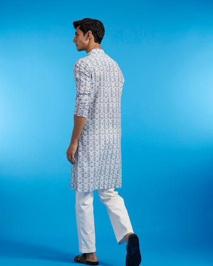 Diwas Men White & Aqua Green Medallion Printed Kurta