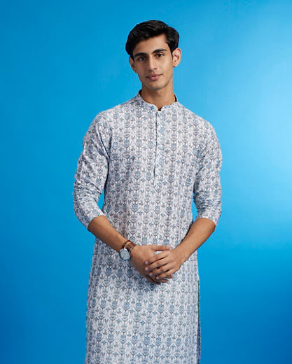 Diwas Men White & Aqua Green Medallion Printed Kurta