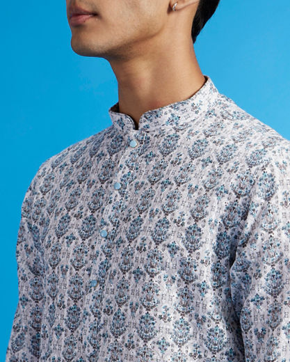 Diwas Men White & Aqua Green Medallion Printed Kurta